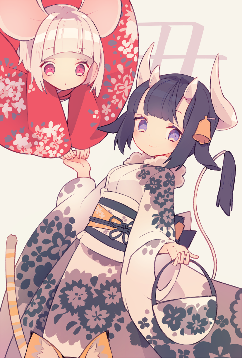 2girls :o animal_ears bangs bell black_hair chinese_zodiac closed_mouth commentary cow_ears cow_girl cow_horns cow_tail eyebrows_visible_through_hair floral_print hair_bell hair_ornament hairclip highres horns japanese_clothes kimono long_sleeves looking_at_viewer mouse_ears multiple_girls obi original parted_lips print_kimono red_eyes red_kimono sash saya_(sayaya) short_hair sleeves_past_wrists smile symbol_commentary tail tail_raised violet_eyes white_hair white_kimono wide_sleeves year_of_the_ox