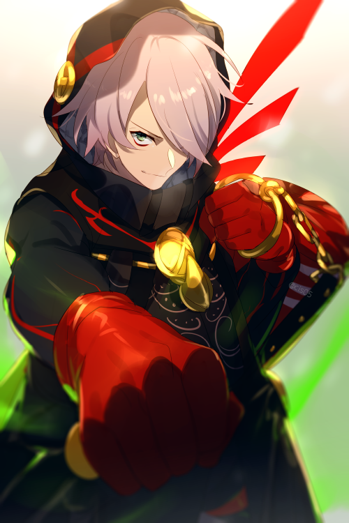 1boy bangs black_coat chain cis05 coat colored_skin eyeshadow fate/grand_order fate_(series) gloves green_eyes hair_over_one_eye hood hood_up karna_(fate) karna_(santa)_(fate) looking_at_viewer makeup pale_skin red_gloves sandbag short_hair smile white_hair white_skin