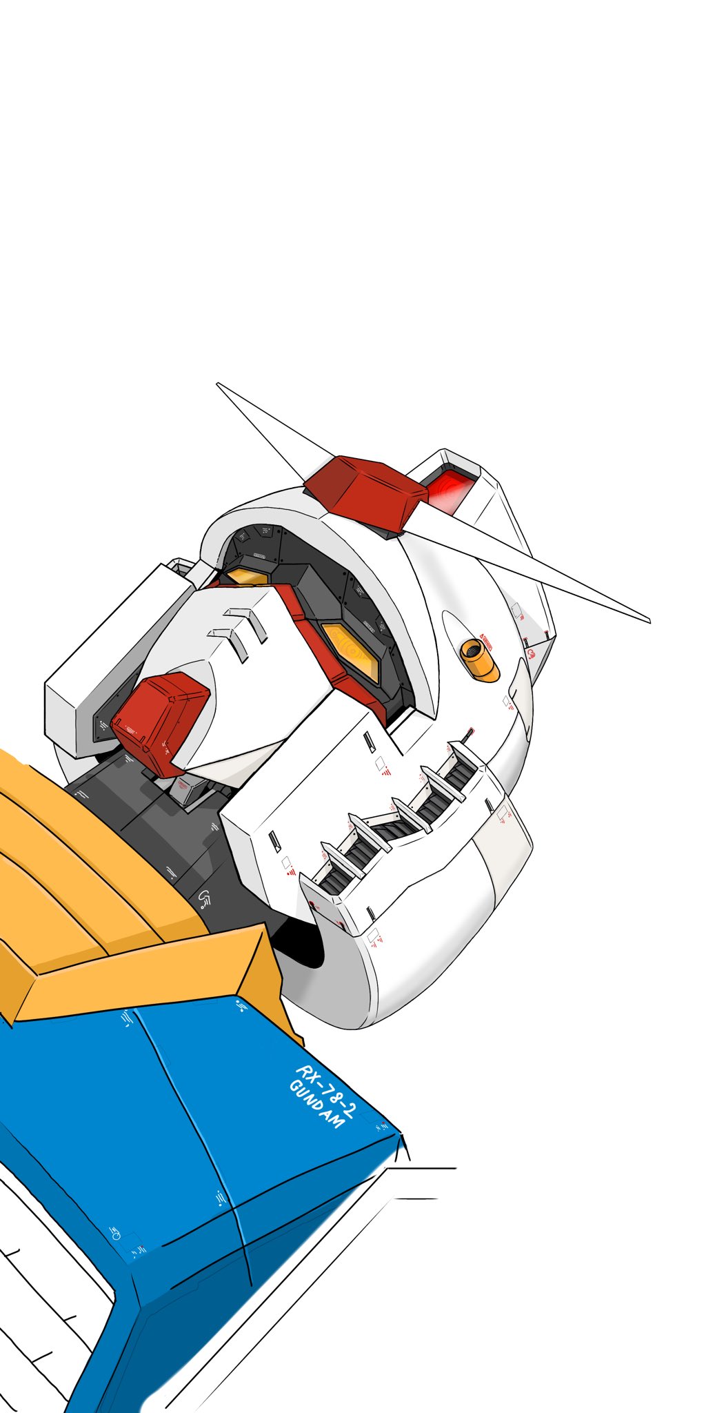 aron_e from_above gundam highres looking_up mecha mobile_suit_gundam negative_space no_humans rx-78-2 science_fiction solo v-fin white_background yellow_eyes