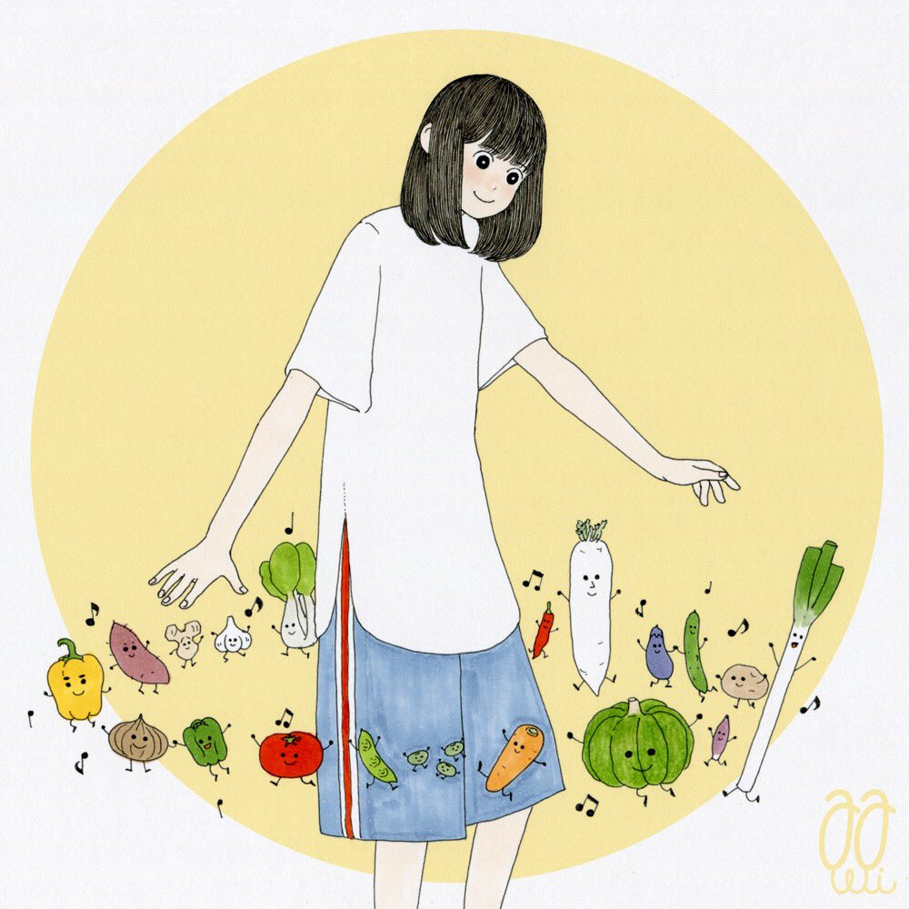 1girl awai880 bangs beamed_eighth_notes bell_pepper black_eyes black_hair blue_shorts blunt_bangs carrot circle daikon eggplant eighth_note food musical_note onion original pea_pod pepper potato quarter_note shirt short_hair short_sleeves shorts signature smile solo spring_onion tomato vegetable white_shirt