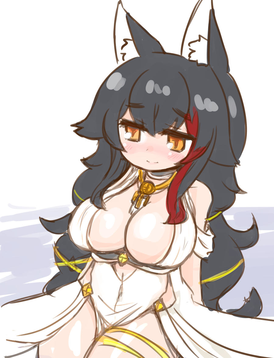 1girl alternate_costume animal_ear_fluff animal_ears bangs black_hair blush breasts brown_eyes cosplay_request covered_navel dress eyebrows_visible_through_hair hololive large_breasts looking_down multicolored_hair nekoyama ookami_mio redhead solo streaked_hair thigh_strap virtual_youtuber white_dress wolf_ears wolf_girl