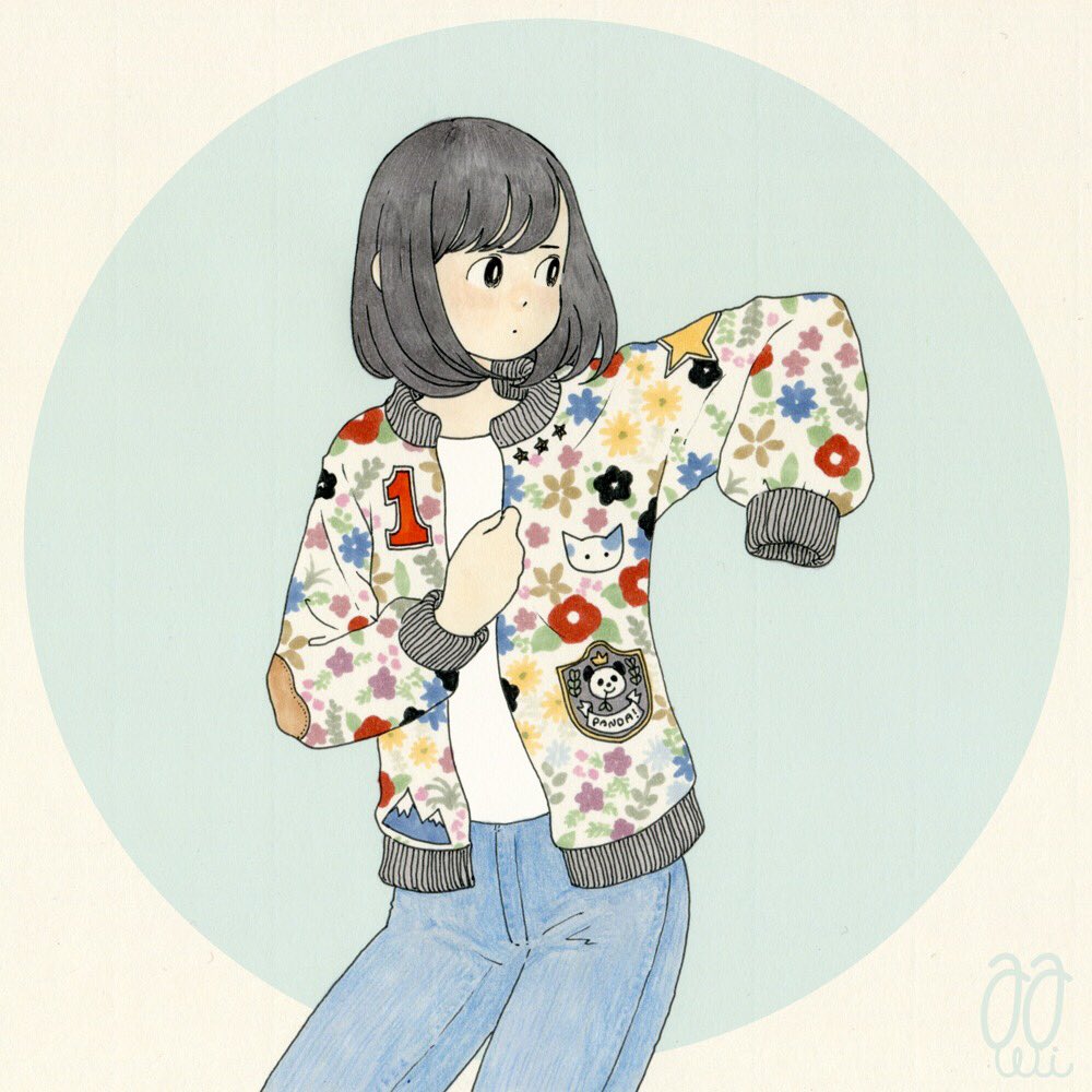 1girl awai880 black_eyes black_hair blue_flower blue_pants circle cowboy_shot dressing floral_print flower jacket leaf long_sleeves medium_hair original pants print_jacket purple_flower red_flower shirt signature solo white_shirt yellow_flower