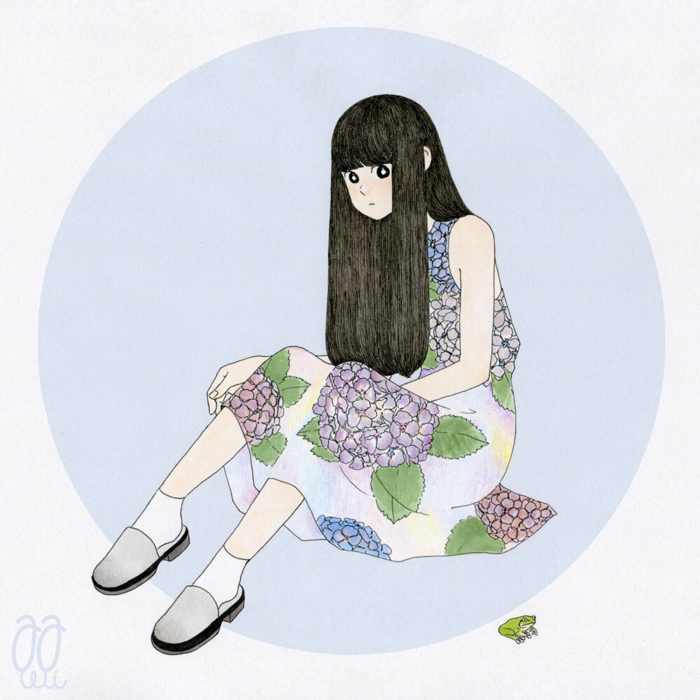 1girl awai880 bangs black_hair blue_flower blunt_bangs circle dress floral_print flower frog full_body grey_footwear long_hair original print_dress purple_flower shoes signature sitting sleeveless sleeveless_dress socks solo white_legwear