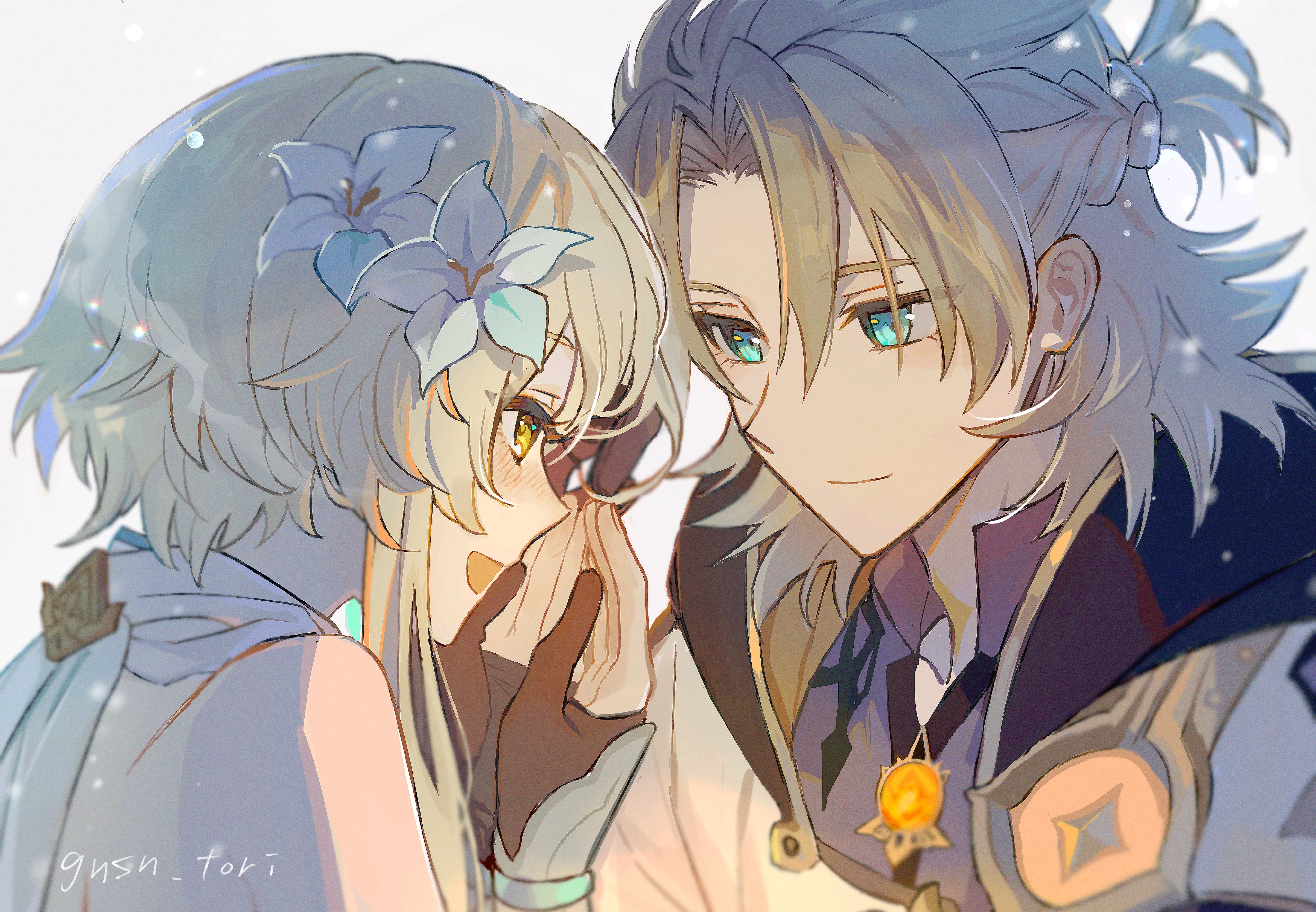 Safebooru - 1boy 1girl absurdres albedo (genshin impact) bangs black gloves  blue eyes blush flower genshin impact gloves gnsn tori grey background hair  between eyes hair flower hair ornament hetero highres hood