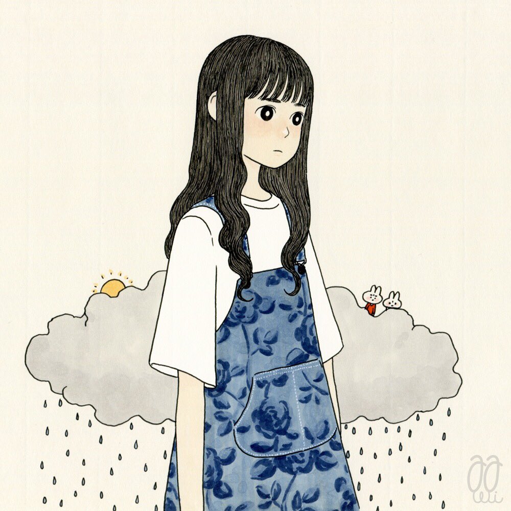 1girl awai880 bangs black_eyes black_hair blunt_bangs blush bright_pupils clouds commentary_request long_hair original overalls rain shirt short_sleeves signature solo tan_background upper_body white_pupils white_shirt