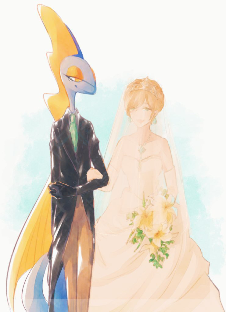 1boy 1girl arm_grab bangs bare_shoulders black_gloves black_jacket blue_background blue_skin bouquet braid breasts brown_hair brown_pants closed_mouth clothed_pokemon collarbone collared_shirt colored_skin commentary_request crown_braid dress earrings elbow_gloves eye_contact flower formal gen_8_pokemon gloves gradient gradient_background green_eyes green_neckwear half-closed_eyes happy holding holding_bouquet inteleon interspecies iogi_(iogi_k) jacket jewelry jpeg_artifacts lizard_boy lizard_tail long_sleeves looking_at_another medium_breasts necklace necktie original pants pokemon pokemon_(creature) shiny shiny_clothes shirt short_hair sidelocks simple_background smile standing strapless strapless_dress suit tail tiara tied_hair veil wedding wedding_dress white_dress white_flower white_gloves white_shirt yellow_eyes