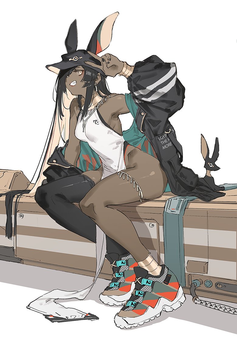 1girl animal_ears armpit_peek bangle black_hair black_headwear black_jacket black_legwear black_nails bracelet breasts clothes_writing colored_inner_hair commentary dark_skin dark-skinned_female dress earrings egyptian eyelashes full_body grey_footwear grin groin hat jackal_ears jacket jewelry lips long_hair looking_at_viewer medium_breasts mogumo multicolored_hair nail_polish no_panties open_clothes open_jacket original pelvic_curtain pink_hair simple_background single_thighhigh sitting sleeveless sleeveless_dress smile solo straight_hair symbol_commentary teeth thigh-highs thighs two-tone_hair usekh_collar v white_background white_dress yellow_eyes