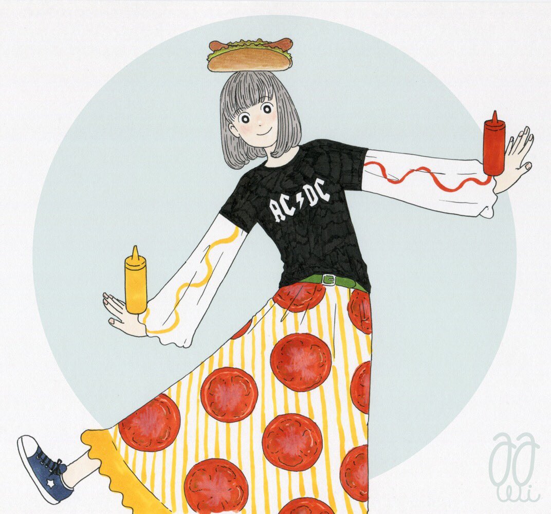 1girl ac/dc awai880 bangs black_eyes black_shirt blue_footwear blunt_bangs bright_pupils circle food food_on_head food_print green_belt grey_hair hot_dog ketchup ketchup_bottle long_skirt long_sleeves mustard mustard_bottle object_on_head original pizza_print print_shirt print_skirt shirt shoes short_hair signature skirt solo white_pupils