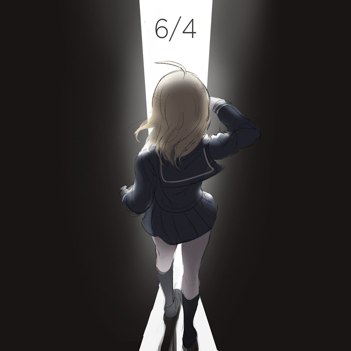 1girl ahoge akamatsu_kaede black_footwear black_legwear black_serafuku black_shirt black_skirt blonde_hair commentary dangan_ronpa_(series) dangan_ronpa_v3:_killing_harmony dated facing_away from_behind full_body hand_up highres kneehighs light long_hair long_sleeves miniskirt official_alternate_costume pleated_skirt qosic sailor_collar school_uniform serafuku shirt shoes skirt solo standing