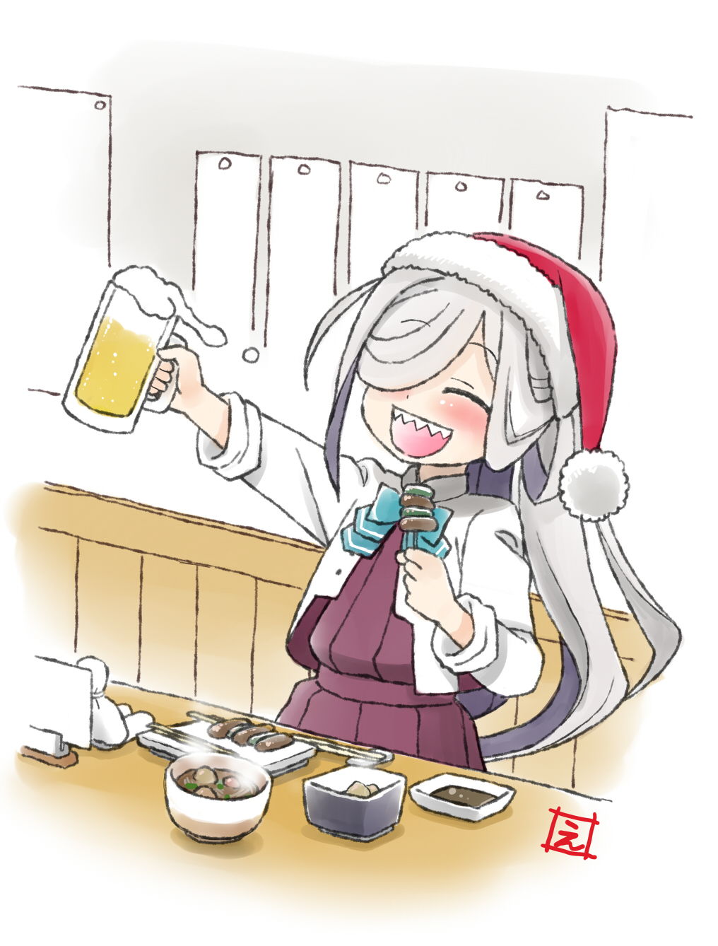 1girl :d alcohol asashimo_(kantai_collection) beer beer_mug blue_bow blue_neckwear blush bow bowl bowtie chopsticks closed_eyes cup doll dress ebifly foam food fur-trimmed_headwear grey_hair hair_over_one_eye hat highres holding holding_cup holding_food kantai_collection long_hair long_sleeves mug one_eye_covered open_clothes open_mouth open_shirt red_dress red_headwear santa_hat sharp_teeth shirt skewer smile solo steam teeth upper_teeth white_shirt