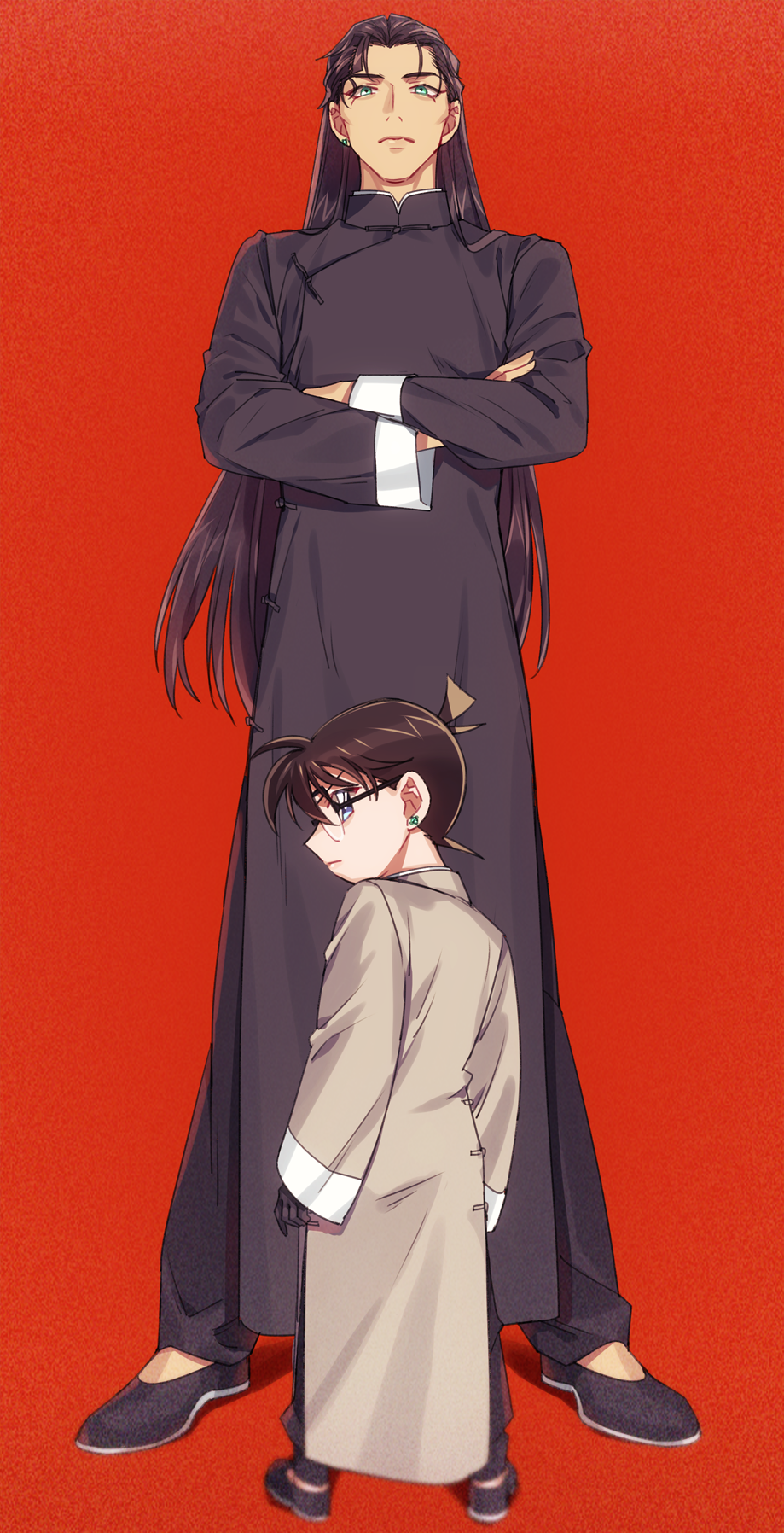 2boys akai_shuuichi bangs black-framed_eyewear black_footwear black_gloves black_hair blue_eyes brown_hair child chinese_clothes closed_mouth commentary_request crossed_arms edogawa_conan full_body glasses gloves green_eyes highres jewelry k_(gear_labo) long_hair long_sleeves looking_at_viewer looking_back male_focus mandarin_collar meitantei_conan multiple_boys red_background serious short_hair simple_background single_earring standing