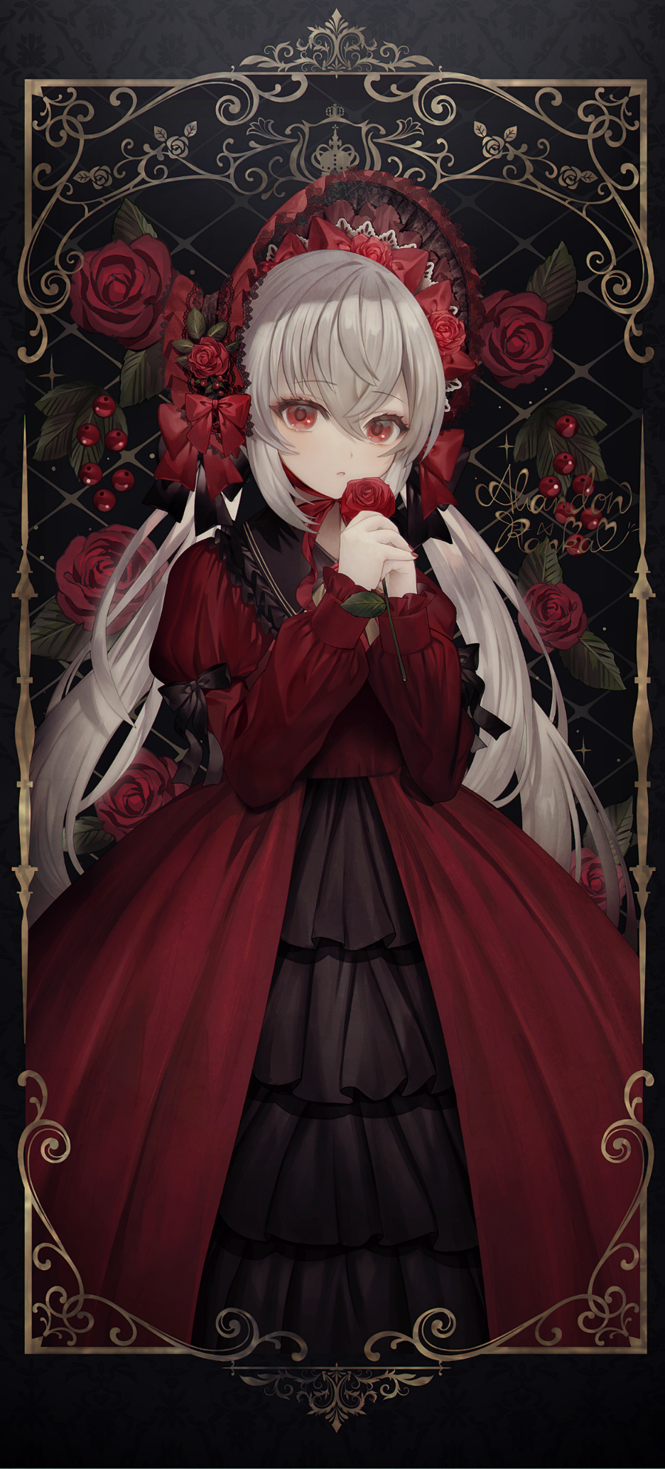 1girl abandon_ranka artist_name bangs black_border black_bow bonnet border bow cherry closed_mouth commentary_request dress eyebrows_visible_through_hair floral_print flower food framed fruit grey_hair hair_between_eyes hair_bow hair_flower hair_ornament hands_up highres holding holding_flower juliet_sleeves layered_dress lolita_fashion long_hair long_sleeves looking_at_viewer low_twintails nail_polish original own_hands_together parted_lips puffy_sleeves red_bow red_dress red_eyes red_flower red_nails red_rose rose solo twintails upper_body very_long_hair