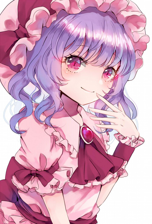1girl ascot bangs blush bow breasts brooch closed_mouth dress eyebrows_visible_through_hair hand_to_own_mouth hat hat_bow jaku_sono jewelry long_hair mob_cap pink_dress pink_eyes pink_headwear puffy_short_sleeves puffy_sleeves purple_hair red_bow red_neckwear remilia_scarlet short_sleeves simple_background small_breasts smile solo touhou upper_body wavy_hair white_background wrist_cuffs