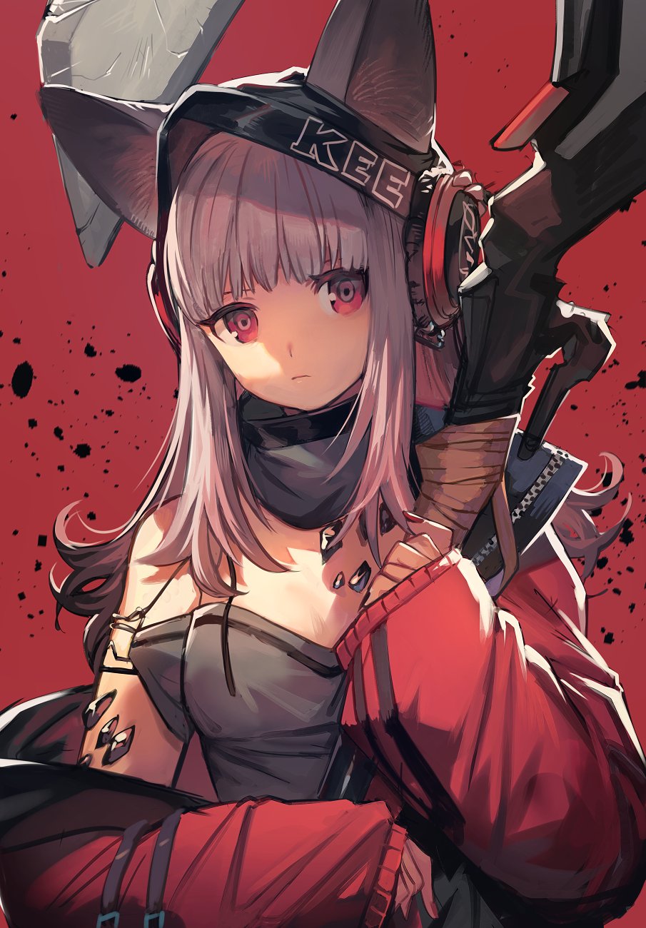 1girl animal_ears aoki_(fumomo) arknights breasts closed_mouth crystal curly_hair fox_ears frostleaf_(arknights) grey_shirt halberd hat headphones highres holding holding_weapon long_hair looking_at_viewer medium_breasts off_shoulder oripathy_lesion_(arknights) polearm red_background red_eyes red_nails shirt simple_background solo staff upper_body weapon white_hair