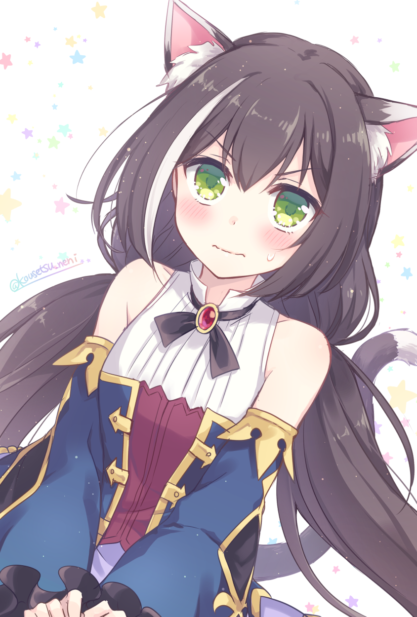 1girl animal_ear_fluff animal_ears bangs blue_sleeves blush brown_hair cat_ears cat_tail closed_mouth detached_sleeves floating_hair frilled_sleeves frills green_eyes hair_between_eyes highres karyl_(princess_connect!) kousetsu long_hair long_sleeves looking_at_viewer low_twintails princess_connect! princess_connect!_re:dive shiny shiny_hair shirt solo tail twintails twitter_username upper_body v-shaped_eyebrows very_long_hair white_background white_shirt