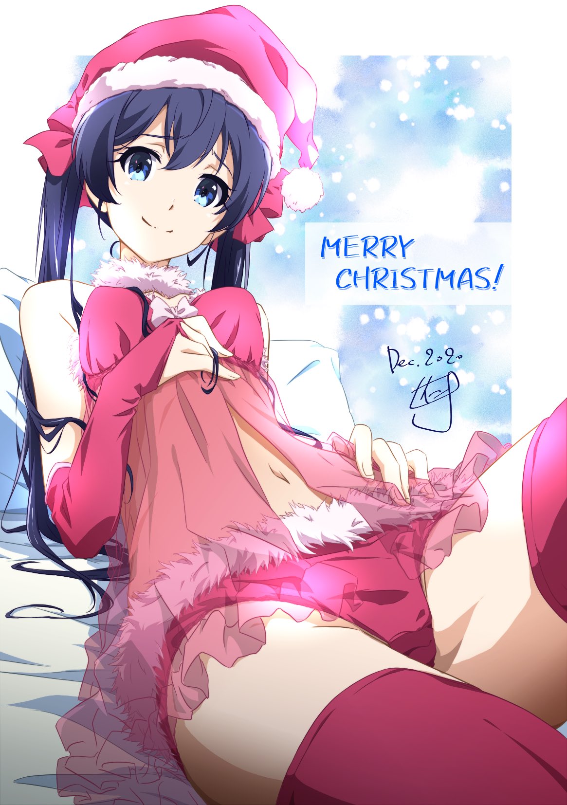 1girl artist_name bangs bed_sheet black_hair blue_eyes bow bridal_gauntlets christmas closed_mouth collar commentary dated english_text eyebrows_visible_through_hair fur-trimmed_panties fur_collar gloves hair_bow hat highres long_hair looking_at_viewer lying merry_christmas navel nii_manabu on_back on_bed original panties pillow red_babydoll red_bow red_gloves red_headwear red_legwear red_panties santa_hat signature smile solo thigh-highs twintails underwear white_collar