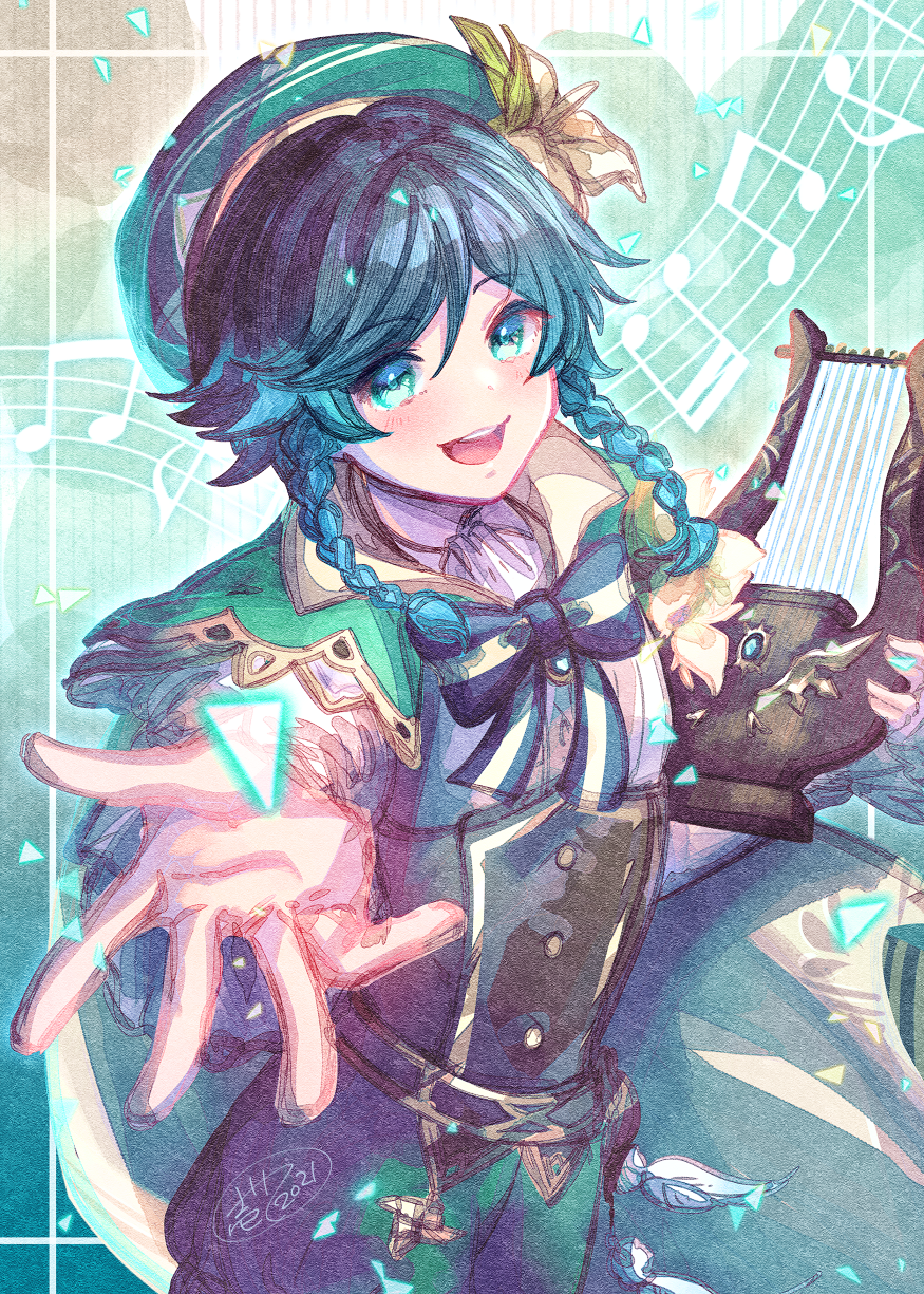 1boy bangs black_hair blue_hair blush bow braid cape eyebrows_visible_through_hair flower gem genshin_impact gradient_hair green_eyes green_headwear hair_flower hair_ornament hat highres holding holding_instrument instrument ittokyu jewelry leaf long_sleeves looking_at_viewer lyre male_focus multicolored_hair musical_note open_mouth otoko_no_ko outstretched_arm smile solo triangle twin_braids venti_(genshin_impact) white_flower