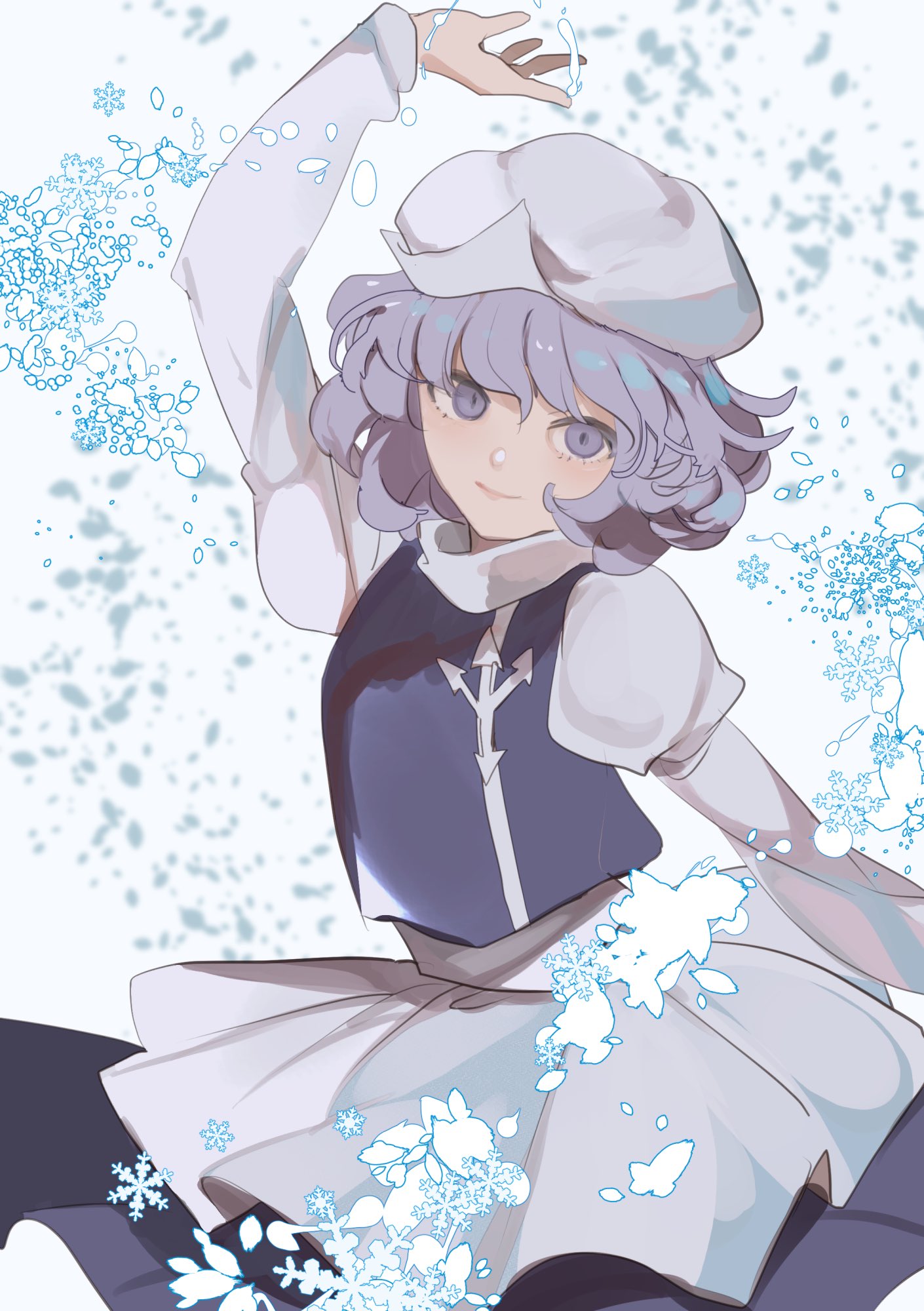 1girl apron blue_skirt blue_vest closed_mouth cowboy_shot eyelashes hat highres joniko1110 juliet_sleeves letty_whiterock light_purple_eyes light_purple_hair long_sleeves polearm puffy_sleeves shirt short_hair simple_background skirt smile snowflakes standing touhou trident vest weapon white_apron white_background white_headwear white_shirt