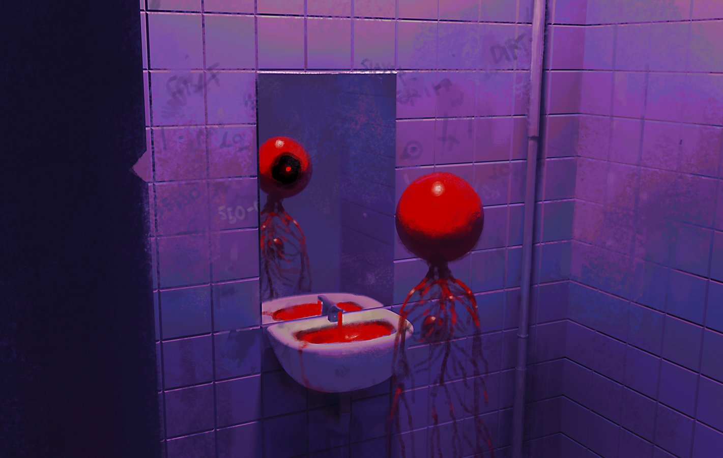 black_eyes blood english_text eyeball heart horror_(theme) indoors mirror monster no_humans one-eyed original red_pupils reflection sink standing tile_wall tiles timliljefors veins writing