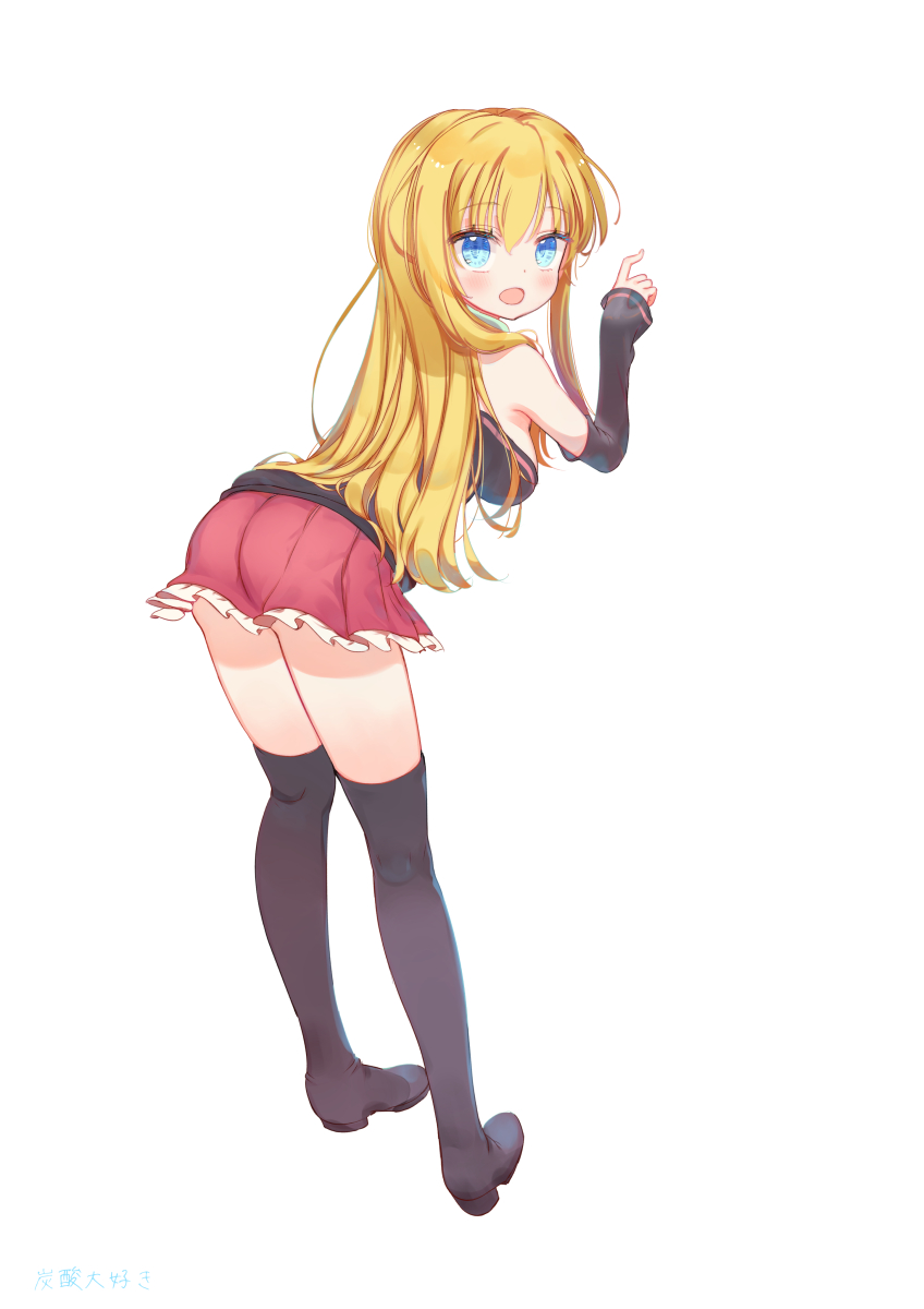 1girl bangs blonde_hair blue_eyes blush boku_wa_tomodachi_ga_sukunai boots breasts eyebrows_visible_through_hair hair_ornament highres kashiwazaki_sena large_breasts leaning_forward long_hair open_mouth simple_background skirt solo tansan_daisuki thigh-highs thigh_boots white_background