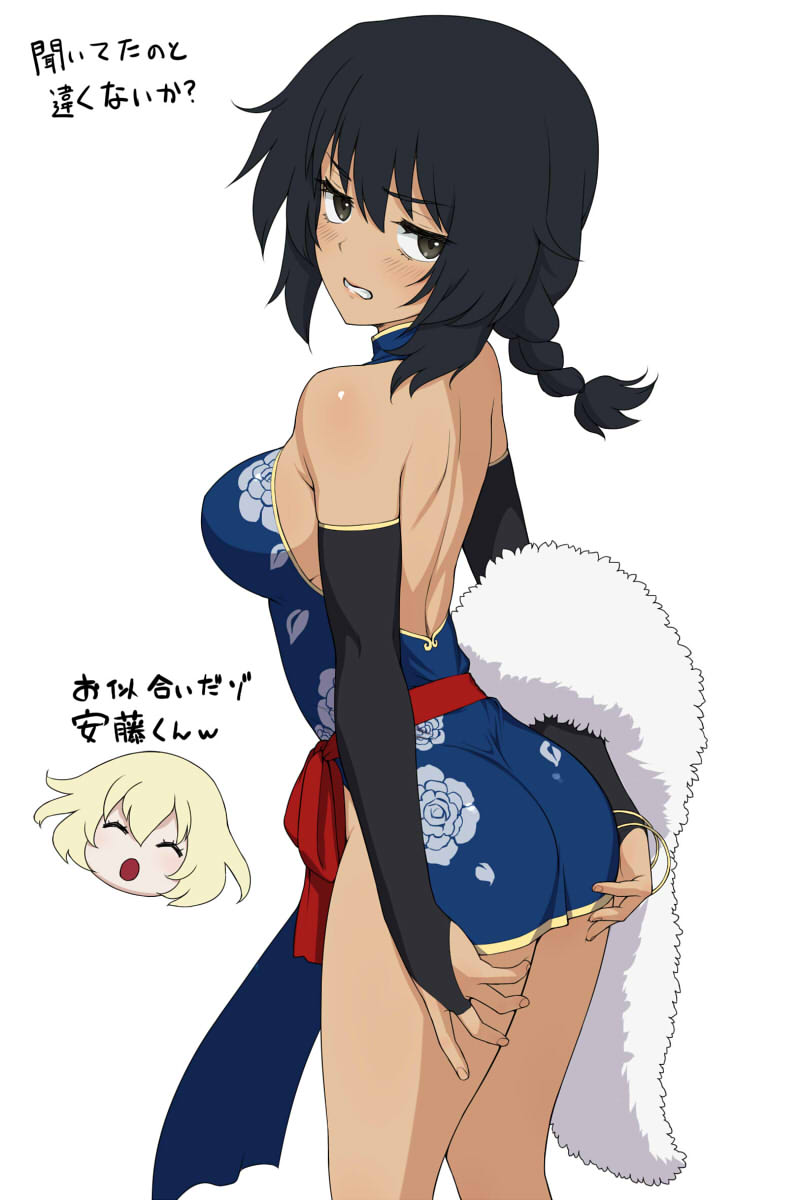 1girl adapted_costume andou_(girls_und_panzer) ass backless_dress backless_outfit bangs black_eyes black_gloves black_hair blonde_hair blue_dress blush bracelet braid braided_ponytail bridal_gauntlets china_dress chinese_clothes commentary covering covering_ass cowboy_shot dark_skin dress duplicate elbow_gloves floral_print from_behind frown fur_scarf girls_und_panzer girls_und_panzer_senshadou_daisakusen! glaring gloves grimace half-closed_eyes halterneck highres holding holding_clothes holding_scarf jewelry looking_at_viewer looking_back medium_hair messy_hair microdress official_alternate_costume oshida_(girls_und_panzer) pelvic_curtain red_sash sash scarf short_ponytail side_slit simple_background solo_focus standing translated wata_do_chinkuru white_background white_scarf