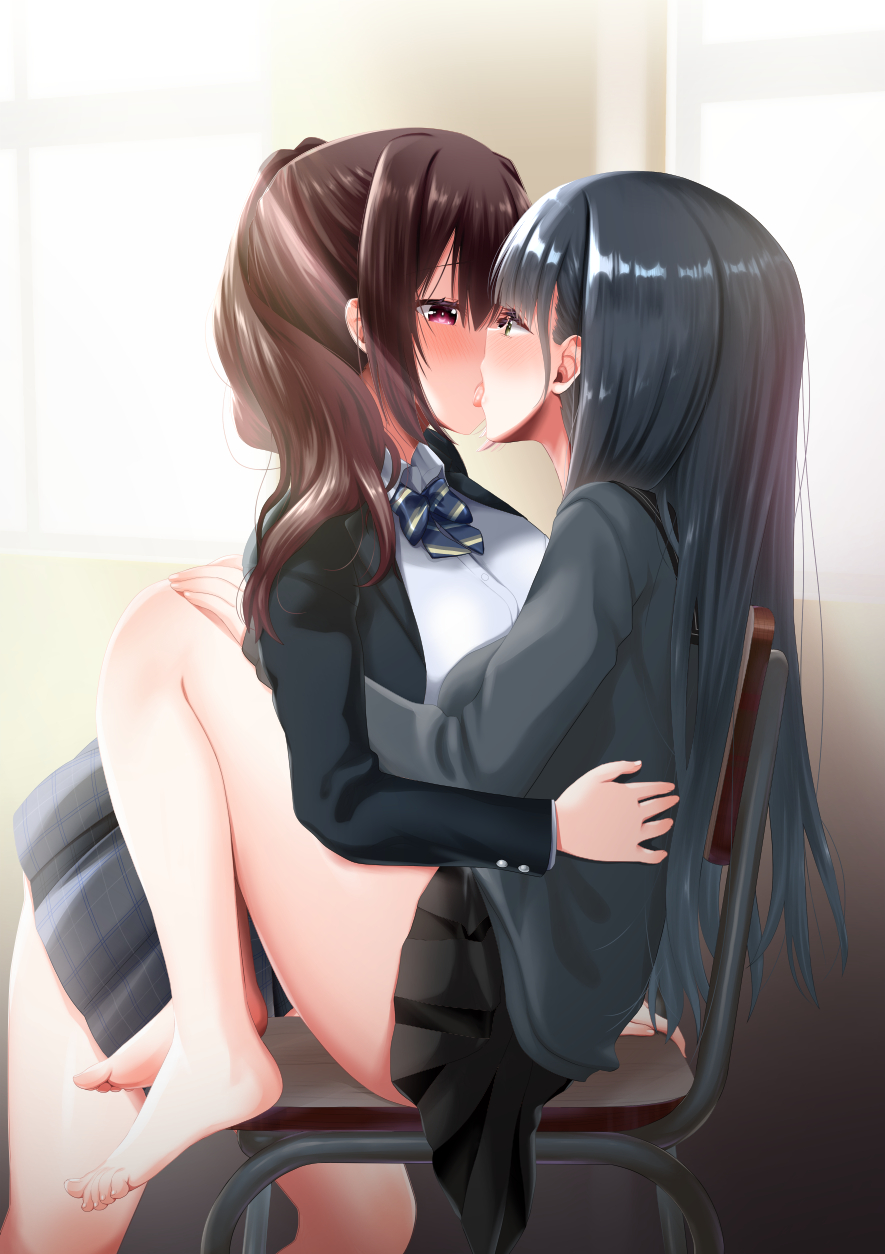 2girls asymmetrical_docking bare_legs barefoot black_hair blazer breast_press brown_hair cardigan face-to-face feet highres hug jacket kiss legs long_hair looking_at_another multiple_girls original pleated_skirt saki_chisuzu school_uniform serafuku skirt symmetrical_docking uniform yuri