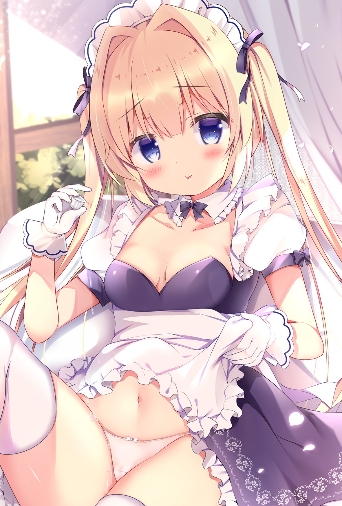 1girl :p apron azumi_kazuki bangs black_bow black_dress blonde_hair blue_eyes blush bow bow_panties breasts closed_mouth commentary_request curtains dress dress_lift eyebrows_visible_through_hair feet_out_of_frame frilled_apron frilled_dress frills gloves hair_between_eyes hair_bow hair_intakes highres lifted_by_self long_hair maid maid_headdress original panties puffy_short_sleeves puffy_sleeves short_sleeves small_breasts smile solo thigh-highs tongue tongue_out twintails underwear very_long_hair white_apron white_gloves white_legwear white_panties window