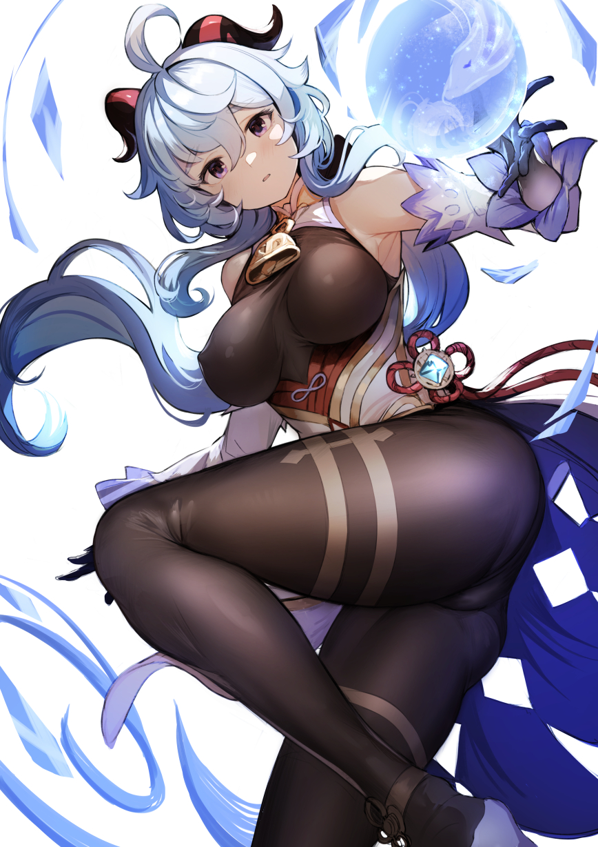 1girl ahoge bell black_bodysuit black_gloves black_legwear blue_hair bodystocking bodysuit breasts cowbell detached_sleeves ganyu_(genshin_impact) genshin_impact gloves goat_horns hair_between_eyes highres horns koruse large_breasts legs long_hair looking_at_viewer orb simple_background solo thighs violet_eyes white_background