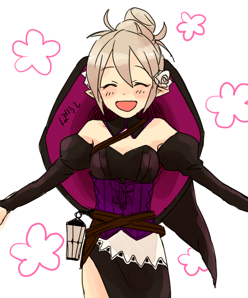 1girl alternate_costume bare_shoulders closed_eyes commentary_request facing_viewer fire_emblem fire_emblem_fates hair_between_eyes hat kana_(female)_(fire_emblem) kana_(fire_emblem) lantern open_mouth pointy_ears saichi_(meme+) solo witch witch_hat