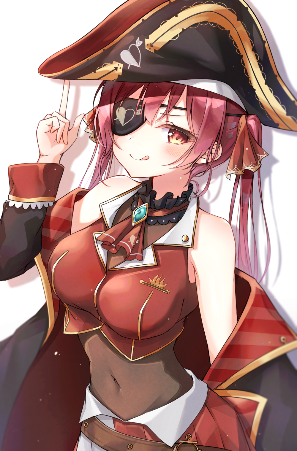 1girl :q ascot bangs bare_shoulders beliatan black_coat breasts brooch coat covered_navel detached_collar drop_shadow eyepatch gold_trim hair_ribbon hat highres hololive houshou_marine index_finger_raised jewelry large_breasts leaning_forward long_hair long_sleeves looking_at_viewer off_shoulder orange_ribbon pirate_hat pleated_skirt red_eyes red_neckwear red_skirt redhead removing_coat ribbon see-through simple_background skirt solo tongue tongue_out twintails upper_body v-shaped_eyebrows virtual_youtuber white_background
