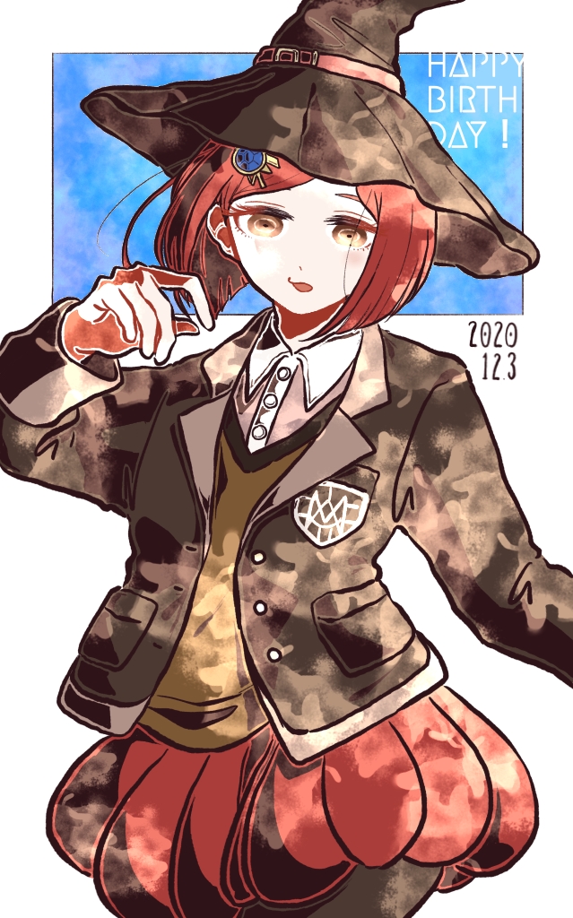 1girl bangs black_jacket black_legwear blue_background brown_vest collared_shirt commentary_request cowboy_shot dangan_ronpa_(series) dangan_ronpa_v3:_killing_harmony dated dress_shirt gem hair_ornament hairclip hand_up happy_birthday hat holding jacket kiri_(2htkz) long_sleeves looking_at_viewer open_clothes open_jacket open_mouth pantyhose pleated_skirt red_eyes red_skirt redhead school_uniform shirt short_hair skirt smile solo vest white_background witch_hat yumeno_himiko