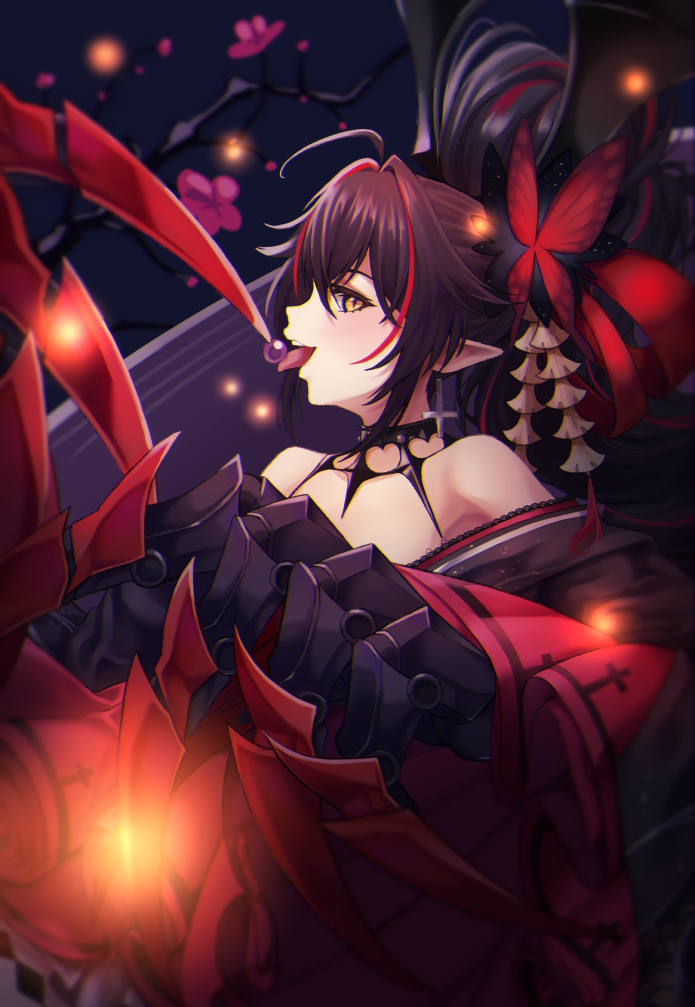 1girl azur_lane bare_shoulders bat_wings black_hair branch butterfly_hair_ornament claw_(weapon) cross cross_earrings detached_collar earrings flower hair_ornament jewelry masao_(kds_mso) mechanical_arm multicolored_hair off_shoulder official_alternate_costume pink_flower pointy_ears red_skirt redhead skirt solo streaked_hair tongue tongue_out two-tone_hair weapon wide_sleeves wings yellow_eyes z24_(azur_lane) z24_(festival-going_fiend)_(azur_lane)