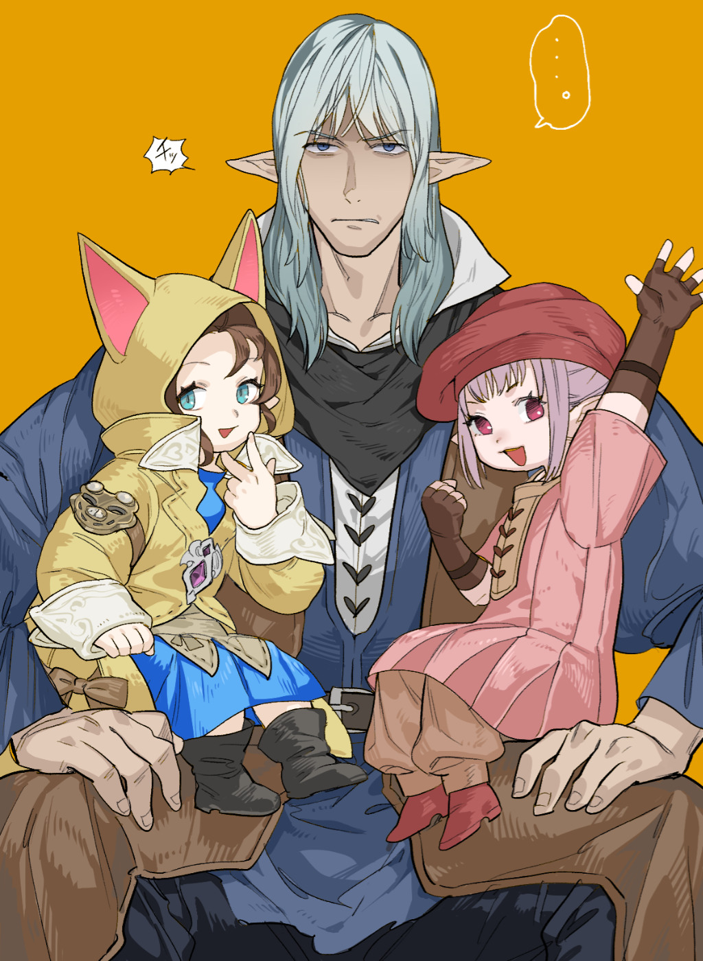 ... 1boy 2girls animal_hood annoyed beret boots brown_hair cat_hood estinien final_fantasy final_fantasy_xiv fingerless_gloves gloves hat highres hood krile_mayer_baldesion_(ff14) mayumio88 multiple_girls open_mouth orange_background pointy_ears purple_hair scowl silver_hair sitting sitting_on_lap sitting_on_person skirt smile spoken_ellipsis tataru_taru v waving