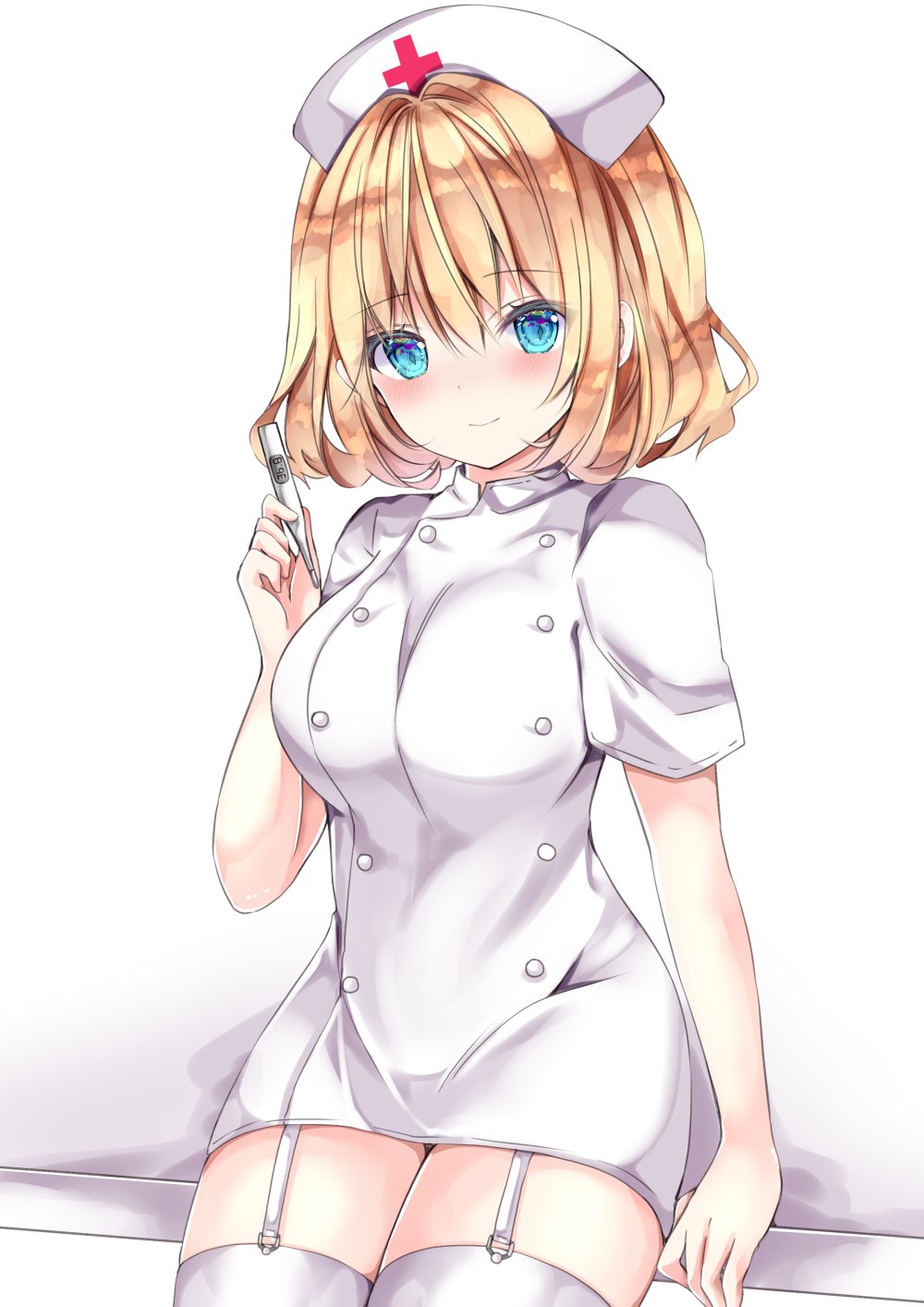 1girl alice_margatroid alternate_costume arm_support blonde_hair blue_eyes blush breasts closed_mouth commentary_request cowboy_shot digital_thermometer dress eyebrows_visible_through_hair hair_between_eyes hair_intakes hat highres holding_thermometer large_breasts looking_at_viewer nanase_nao nurse nurse_cap shiny shiny_hair short_hair short_sleeves simple_background sitting smile solo touhou white_background white_dress