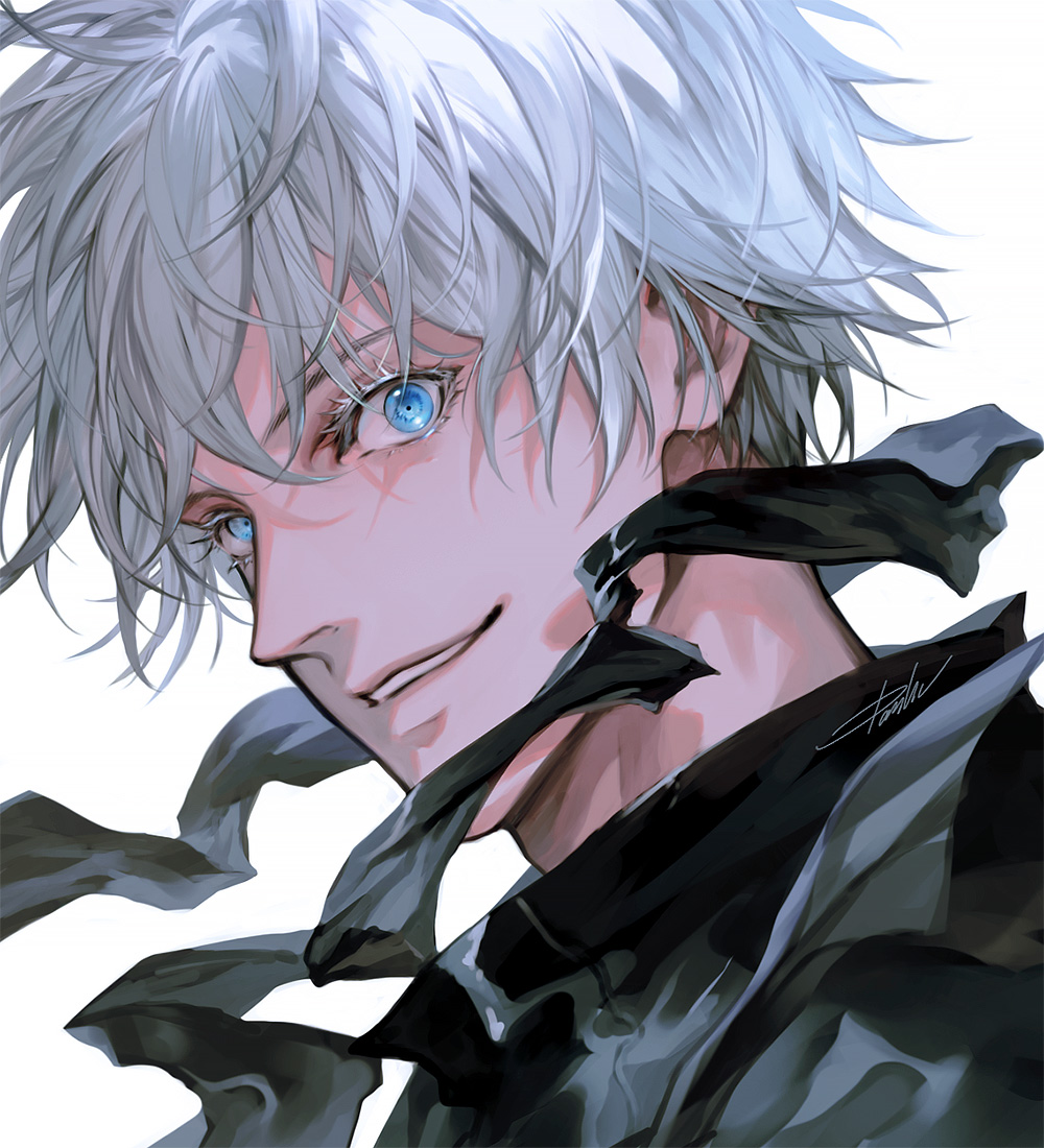 1boy bangs black_jacket blindfold blindfold_removed blue_eyes danhu eyelashes gojou_satoru hair_between_eyes high_collar jacket jujutsu_kaisen looking_at_viewer male_focus short_hair signature simple_background smile solo upper_body white_background white_hair