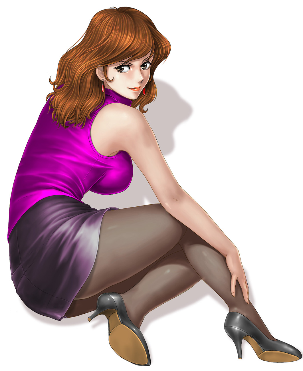 1girl black_footwear breasts brown_eyes brown_hair closed_mouth earrings full_body grey_legwear high_heels highres jewelry long_hair looking_at_viewer lupin_iii medium_breasts mine_fujiko miniskirt pantyhose pencil_skirt pumps purple_shirt purple_skirt shadow shirt simple_background sitting skirt sleeveless sleeveless_shirt smile solo toten_(der_fuhrer) white_background