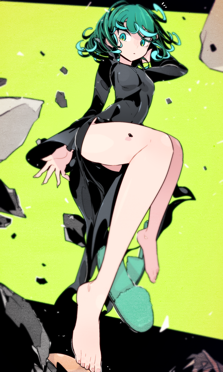 1girl bare_legs barefoot black_dress breasts closed_mouth curly_hair dress expressionless feet floating floating_rock foreshortening full_body green_background green_eyes green_footwear green_hair hand_in_hair highres kuroi_moyamoya legs long_sleeves looking_at_viewer medium_breasts medium_hair one-punch_man pelvic_curtain rock simple_background slippers slippers_removed solo tatsumaki telepathy thighs toenail_polish toenails toes