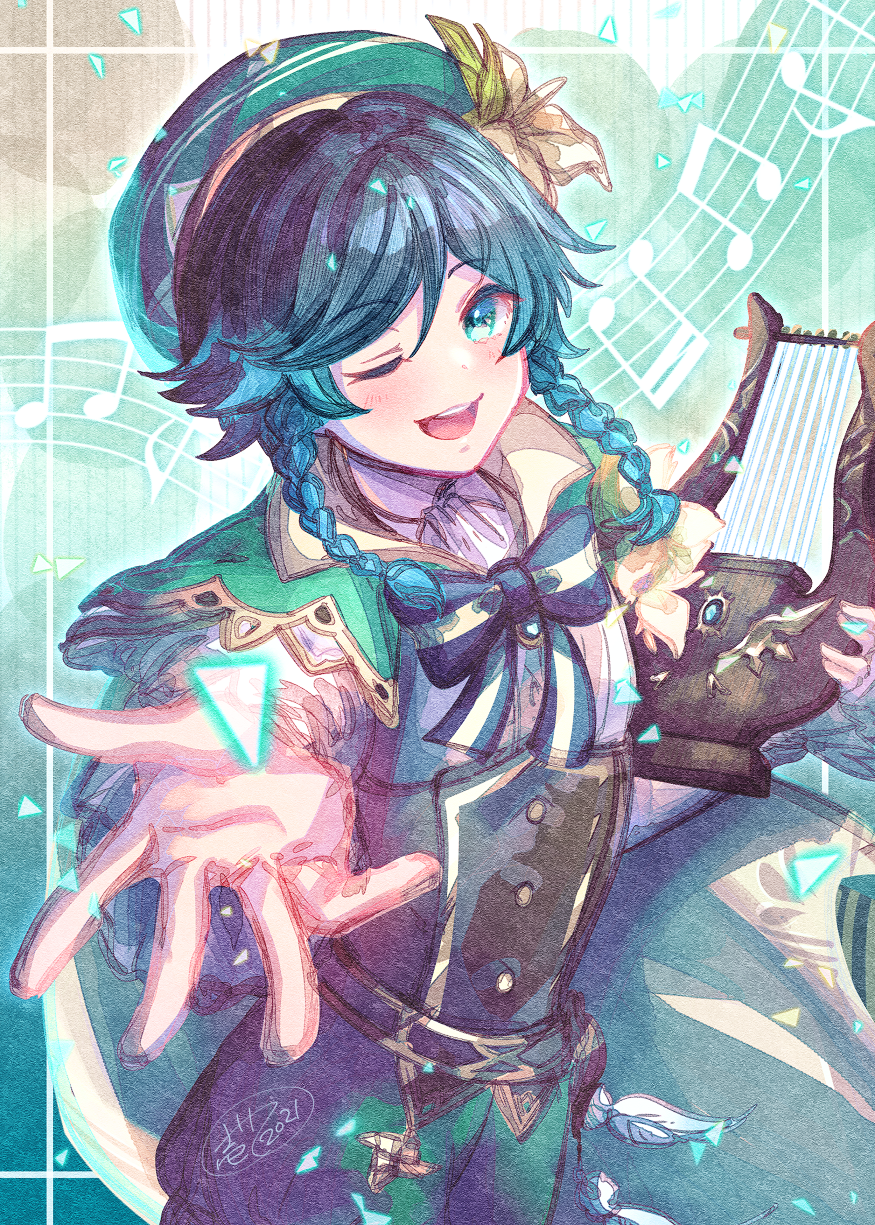 1boy bangs black_hair blue_hair blush bow braid cape eyebrows_visible_through_hair flower gem genshin_impact gradient_hair green_eyes green_headwear hair_flower hair_ornament hat highres holding holding_instrument instrument ittokyu jewelry leaf long_sleeves looking_at_viewer lyre male_focus multicolored_hair musical_note one_eye_closed open_mouth otoko_no_ko outstretched_arm smile solo triangle twin_braids venti_(genshin_impact) white_flower