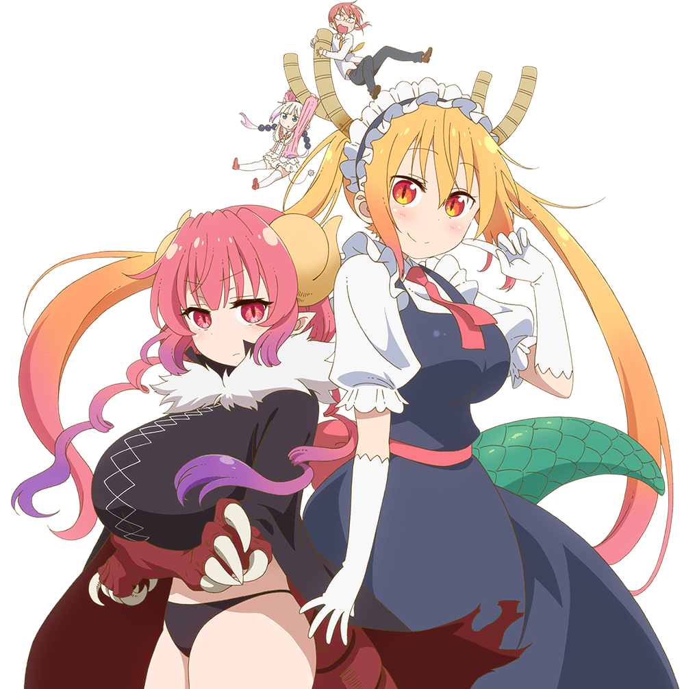 4girls blue_eyes breasts claws closed_mouth crossed_arms dragon_tail gloves gradient_hair horns huge_breasts iruru kanna_kamui key_visual kobayashi-san_chi_no_maidragon kobayashi_(maidragon) large_breasts long_hair looking_at_viewer maid maid_headdress multicolored_hair multiple_girls official_art oppai_loli orange_hair pants red_eyes redhead shirt slit_pupils smile tail tohru_(maidragon) transparent_background very_long_hair white_gloves white_hair
