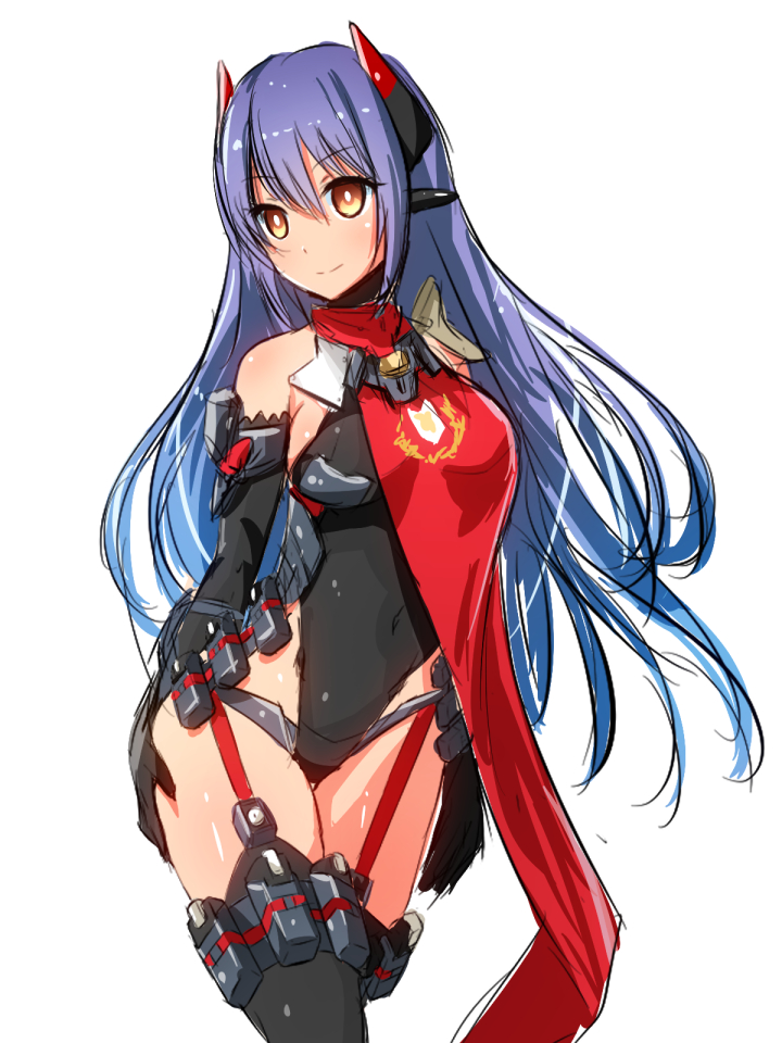 1girl android artist_request breasts covered_navel elbow_gloves gloves hand_on_thigh igamushi4848 large_breasts long_hair looking_at_viewer mecha_musume poppi_(xenoblade) poppi_qtpi_(xenoblade) purple_hair scarf simple_background smile solo thigh-highs thighs very_long_hair white_background xenoblade_chronicles_(series) xenoblade_chronicles_2