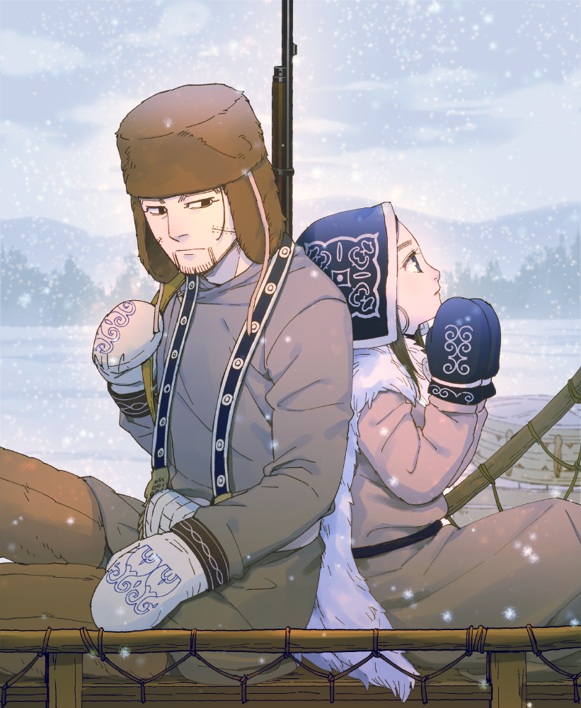 1boy 1girl ainu ainu_clothes alternate_costume asirpa back-to-back bag beige_coat belt black_belt black_eyes black_hair blue_eyes blue_gloves blue_headwear brown_headwear brown_pants cape closed_mouth coat commentary_request day ear_piercing earrings facial_hair fur_cape fur_hat gloves golden_kamuy gun hair_strand hands_together hat holding jewelry lips long_hair long_sleeves looking_away mittens ogata_hyakunosuke outdoors over_shoulder pants piercing rifle russian_clothes scar scar_on_cheek scar_on_face sitting sky snow snowing stubble tetsuko_gk tree ushanka weapon weapon_over_shoulder white_bag white_cape white_gloves
