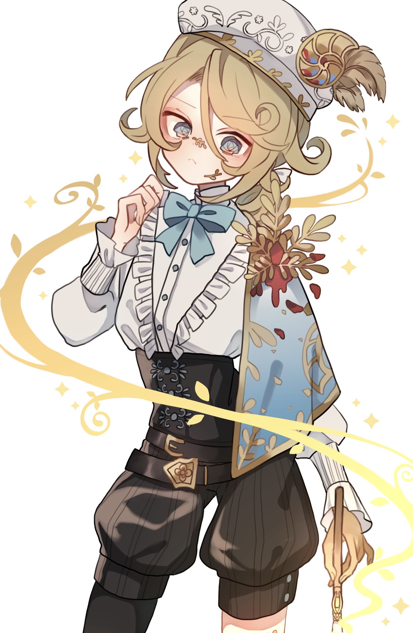 1boy :&lt; belt blonde_hair blue_bow blue_eyes bow capelet corset edgar_valden facial_mark feathers gold_trim hat highres identity_v itsuki_1299 long_sleeves looking_down paint paintbrush plant ponytail shorts solo sparkle