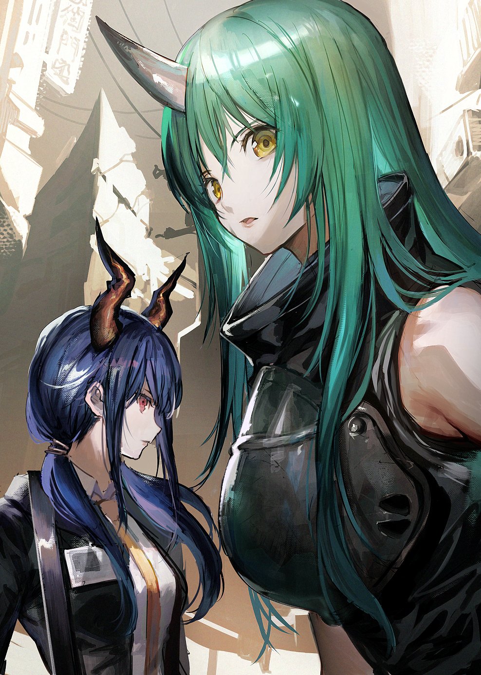 2girls aoki_(fumomo) arknights armor bangs black_jacket black_shirt blue_hair breastplate ch'en_(arknights) commentary_request dragon_horns green_hair hair_between_eyes highres horns hoshiguma_(arknights) jacket long_hair looking_at_viewer multiple_girls oni_horns open_clothes open_jacket parted_lips red_eyes shirt single_horn sleeveless sleeveless_shirt turtleneck twintails upper_body white_shirt yellow_eyes
