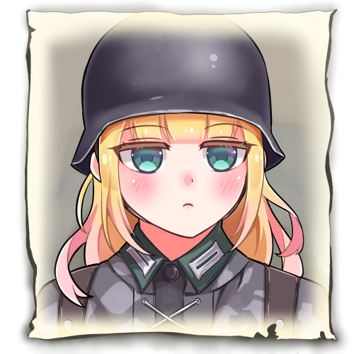 1girl bangs blonde_hair camouflage camouflage_jacket closed_mouth company_of_heroes german_army green_eyes hat helmet jacket long_hair looking_at_viewer lowres military military_hat military_uniform original portrait simple_background solo uniform white_background world_war_ii zhainan_s-jun