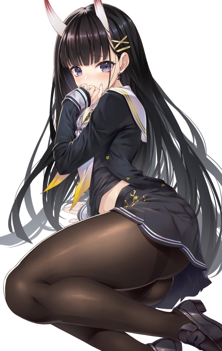 1girl ass azur_lane black_hair blush brown_legwear commentary_request covering_mouth earrings emanon123 from_side hair_tie highres horns jewelry loafers long_hair midriff noshiro_(azur_lane) oni_horns pantyhose school_uniform serafuku shoes solo thick_thighs thighs violet_eyes white_background yellow_neckwear