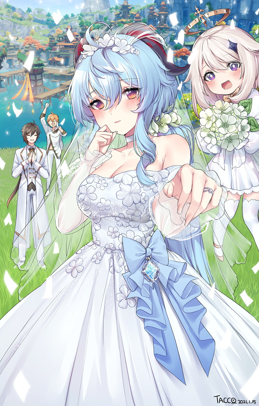 blue_hair blue_ribbon blush breasts bridal_veil bride dress flower ganyu_(genshin_impact) genshin_impact hair_ornament highres jewelry large_breasts paimon_(genshin_impact) ribbon ring tacco_(tikeworld) veil wedding_dress wedding_ring white_dress