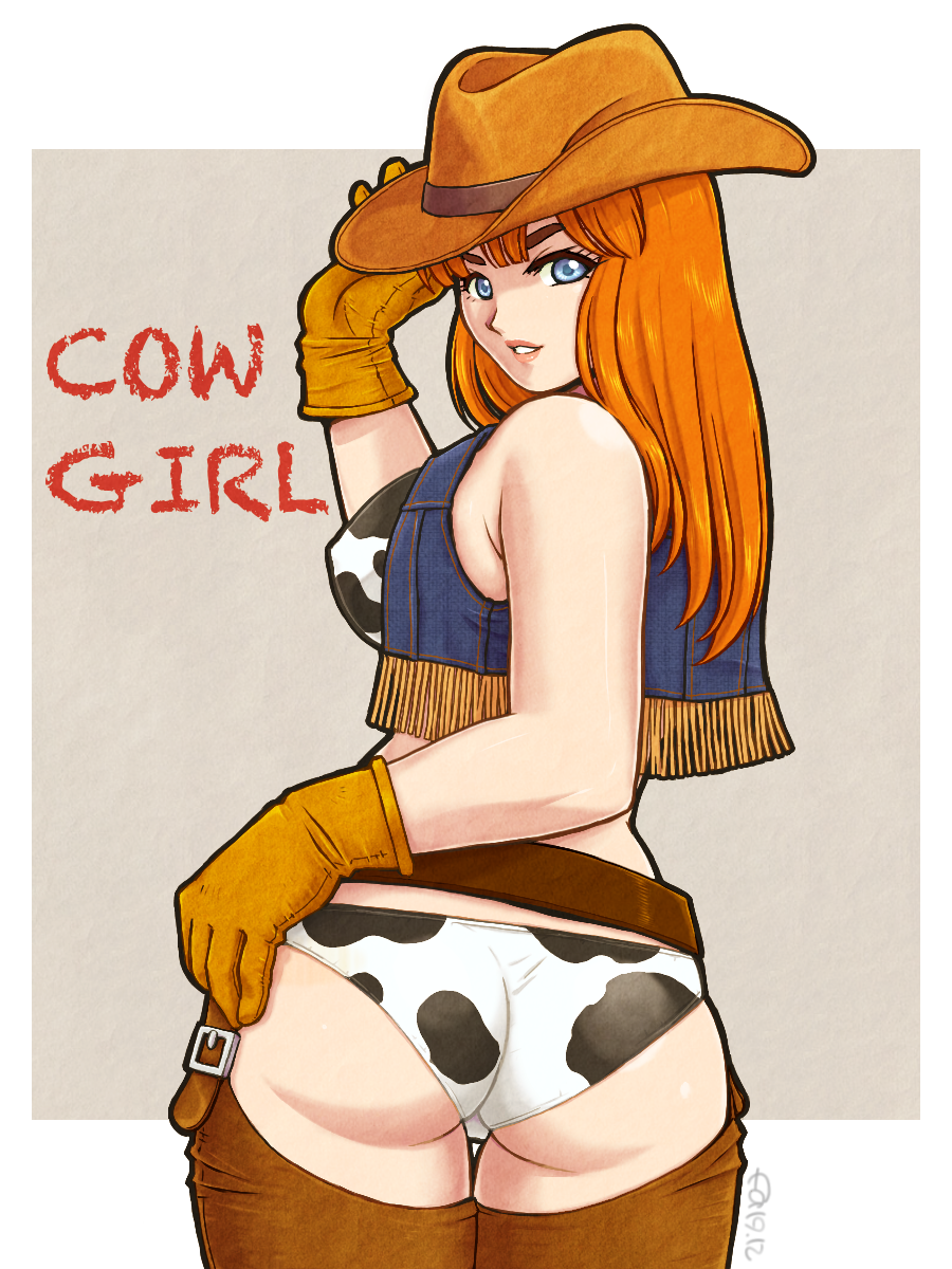 1girl animal_print ass belt blue_eyes breasts brown_belt brown_gloves brown_legwear covered_nipples cow_print cowboy_hat cropped_jacket denim denim_jacket f_a from_behind gloves hand_on_hip hat highres large_breasts long_hair looking_at_viewer marvel_frozen orange_hair parted_lips seisenshi_dunbine solo western