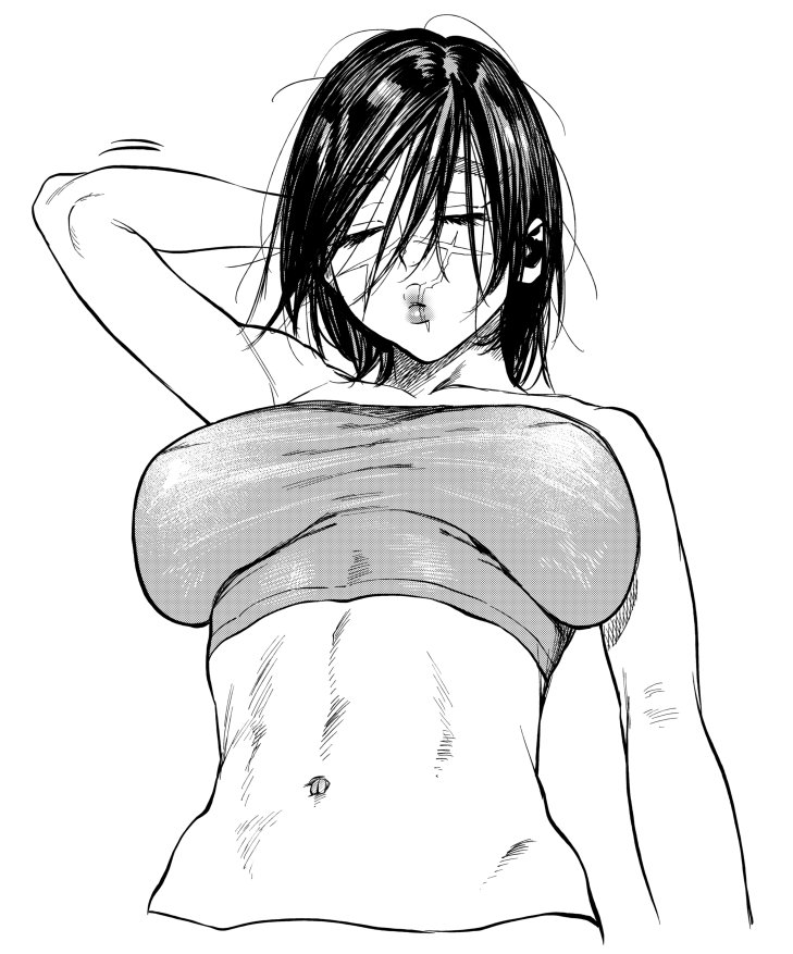 1girl abs arm_up bangs bare_shoulders breasts closed_eyes closed_mouth collarbone commentary_request crop_top eyebrows facing_viewer from_below genderswap genderswap_(mtf) golden_kamuy greyscale hair_between_eyes hair_over_eyes kimidake large_breasts lips monochrome muscular muscular_female navel scar scar_on_cheek scar_on_face scar_on_mouth scar_on_nose solo stomach sugimoto_saichi thick_eyebrows upper_body