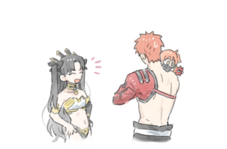 1boy 2girls :d ahoge back carrying cczyjs chibi closed_eyes emiya_shirou fate/grand_order fate_(series) fatherly fujimaru_ritsuka_(female) hands_on_hips holding igote ishtar_(fate)_(all) ishtar_(fate/grand_order) limited/zero_over lowres multiple_girls open_mouth orange_hair rectangular_mouth sengo_muramasa_(fate) simple_background smile sweatdrop upper_body white_background