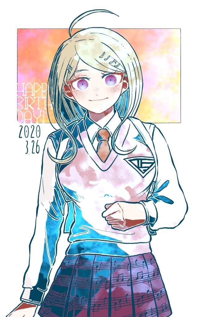 1girl ahoge akamatsu_kaede bangs breasts closed_mouth collared_shirt commentary_request cowboy_shot dangan_ronpa_(series) dangan_ronpa_v3:_killing_harmony dated eighth_note hair_ornament happy_birthday kiri_(2htkz) large_breasts long_hair long_sleeves looking_at_viewer musical_note musical_note_hair_ornament necktie orange_background pleated_skirt purple_skirt shirt skirt smile solo swept_bangs underwear violet_eyes white_background white_shirt